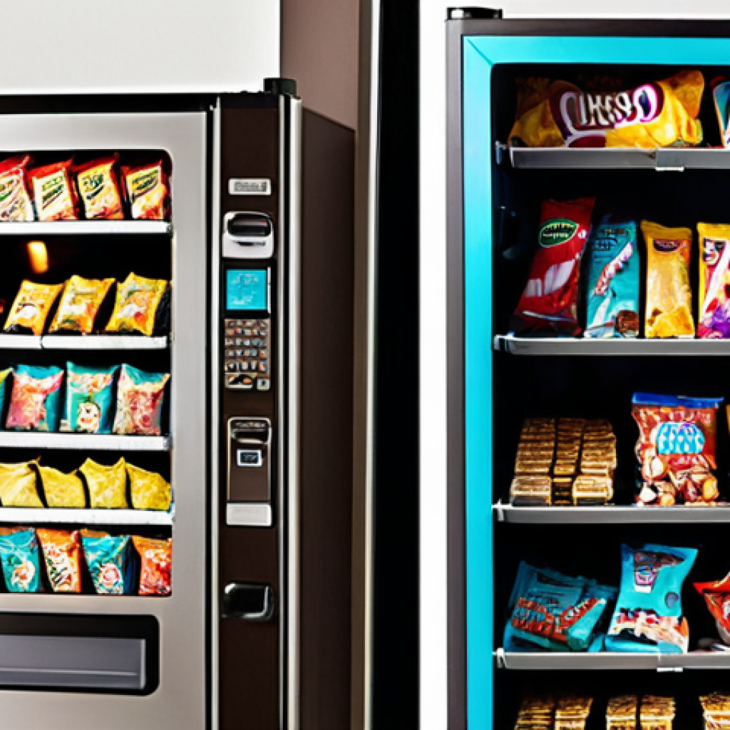 **

A split image. On one side, a brightly lit vending machine filled with candy bars and chips, euro coins scattered around it. On the other side, a well-organized fridge with colorful, pre-prepared healthy meals in Tupperware containers. The overall tone is thought-provoking and slightly humorous.

**