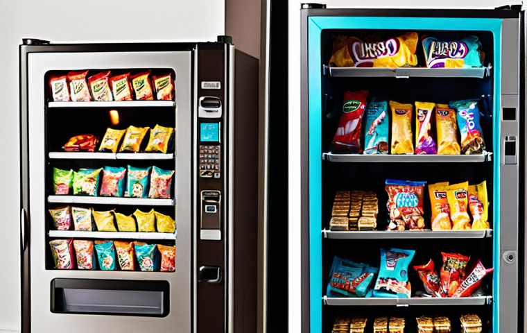 **
A split image. On one side, a brightly lit vending machine filled with candy bars and chips, euro coins scattered around it. On the other side, a well-organized fridge with colorful, pre-prepared healthy meals in Tupperware containers. The overall tone is thought-provoking and slightly humorous.
**